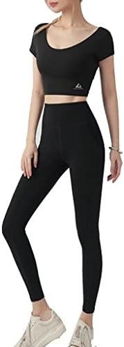 Новите дрехи За Йога, женски Модерен Съкратен топ от 2 теми с къс ръкав, Панталони за йога с висока талия, Спортно облекло за фитнес (Цвят: черен Размер: Средно)