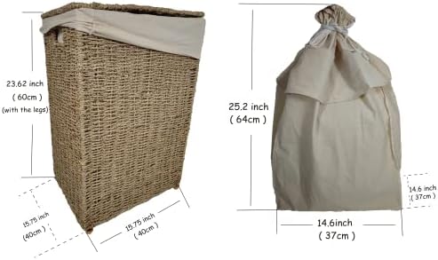 Квадратна кошница за дрехи от естествена морска трева Acacia Store с 2 торби за дрехи от памук, сгъваема, с 4 крака от бамбук, 2 дръжки, произведено във Виетнам, 16 x 16 x 24 инча