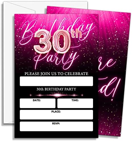 Покани DOQPO на 30-ия рожден ден за момичета, Неонови Покани на парти в чест на рождения ден, Неоново Розово Покани на парти в чест на рождения Ден, Украса за рожден Ден -
