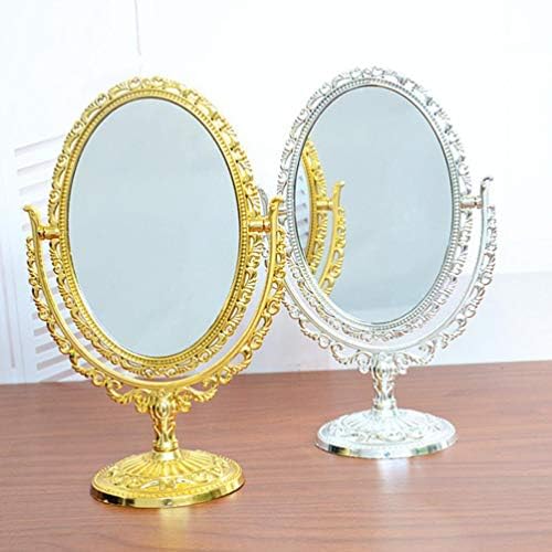 Тоалетен Огледало Wakauto Десктоп Козметично Огледало Ретро Европейски Стил Овално Огледало За Грим в Елегантна Двустранно Въртящо се Огледало за Дома Баня Спалня Сребърен Подвесное Кръгло Огледало