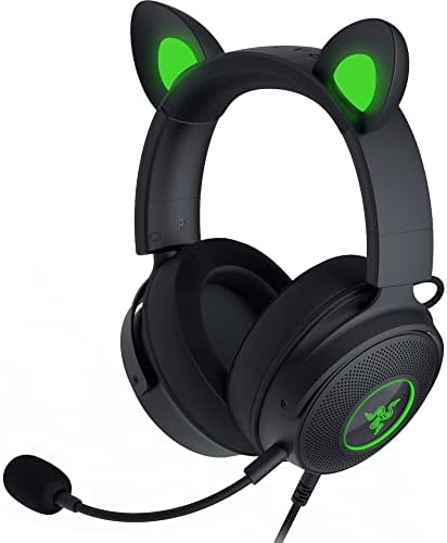 Жичен RGB-слушалки Razer Kraken Кити V2 Pro: Сменяеми уши (Коте, Мече, Заек) - Стрийминг jet покритие - Подвижна кардиоидный микрофон HyperClear - 50 мм Драйвери - Съраунд звук 7.1 - Черен