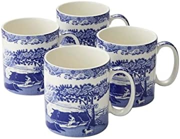 Чаши Spode Blue Italian Collection обем 9 грама | Комплект от 4 чаши за чай, топли напитки и кафе|, Изработени от фин порцелан | Сини / Бели | Могат да се мият в съдомиялна машина и микровълнова фурна